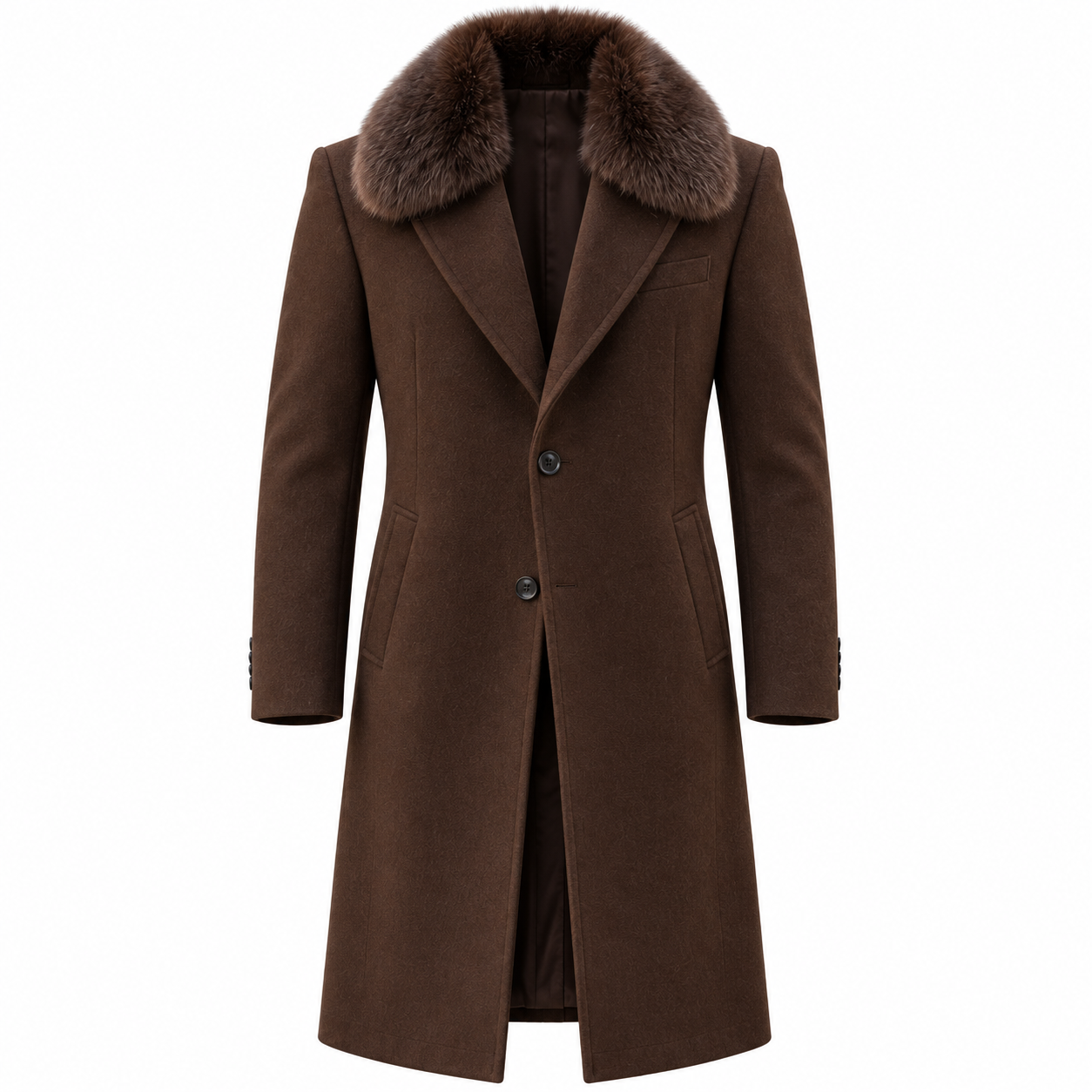 DunHope Men’s Luxury Brown Wool Overcoat with Fur Collar – Classic Winter Formal Coat