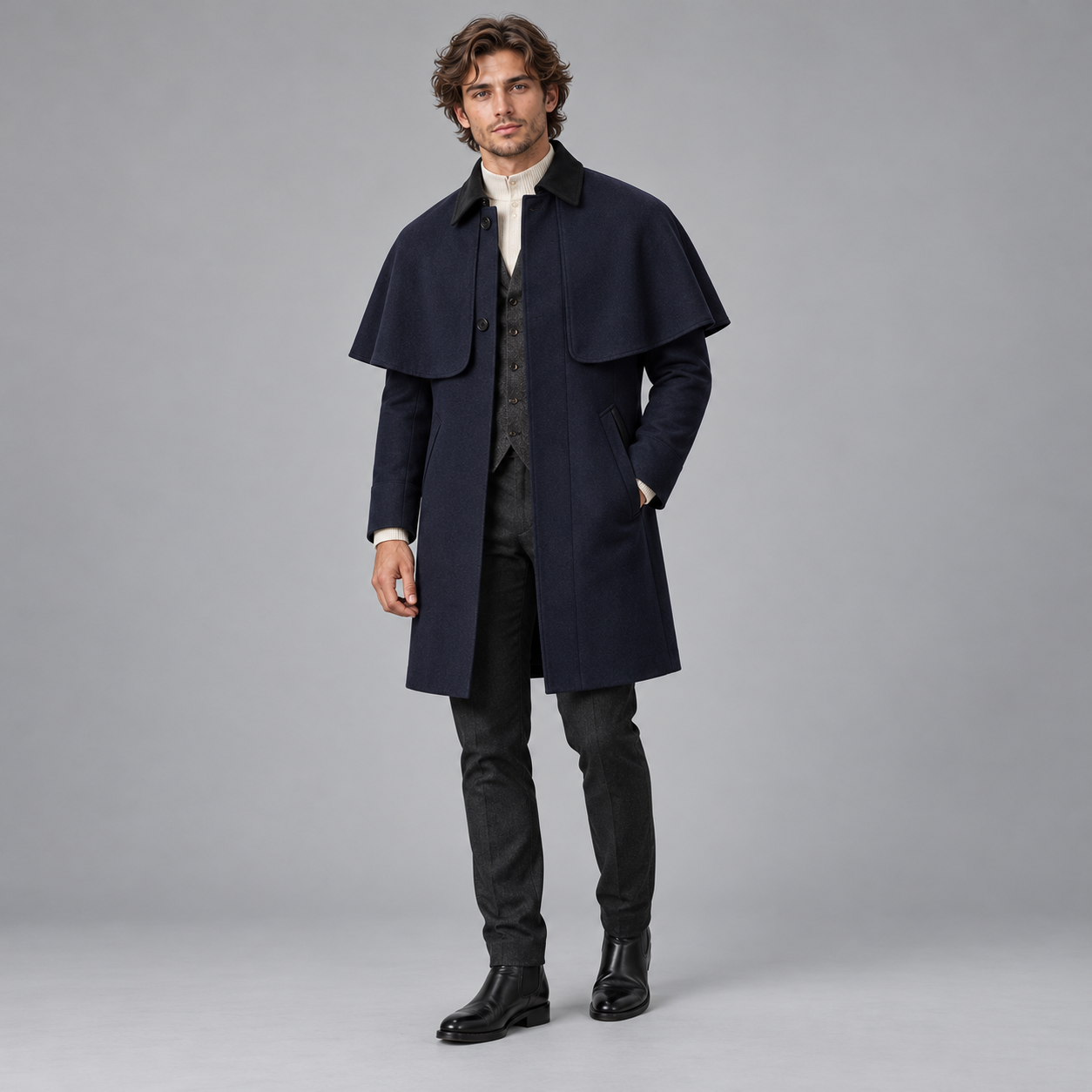 Men’s Navy Wool Cape Coat with Black Collar – Formal Winter Overcoat