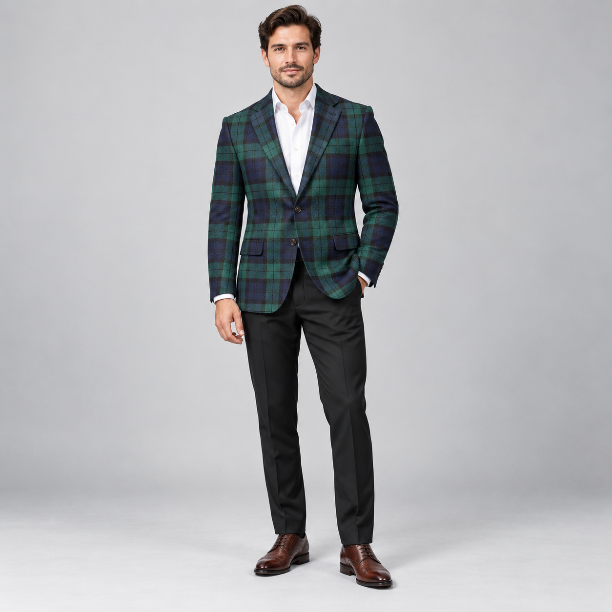Men’s Green & Navy Tartan Wool Blazer – Tailored Two-Button Jacket