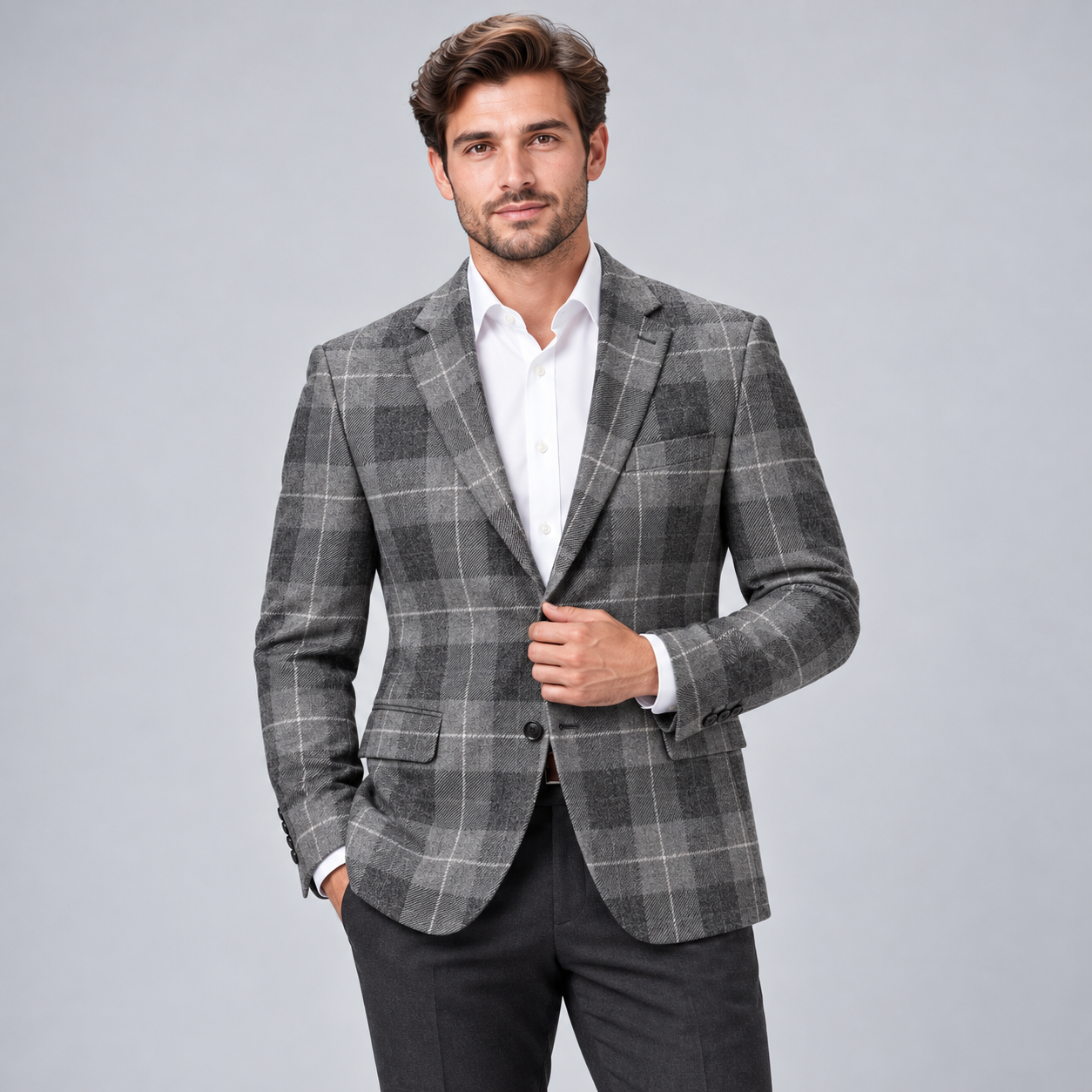 DunHope Men’s Grey Tartan Wool Blazer – Checked Woven Wool Jacket - Image 3