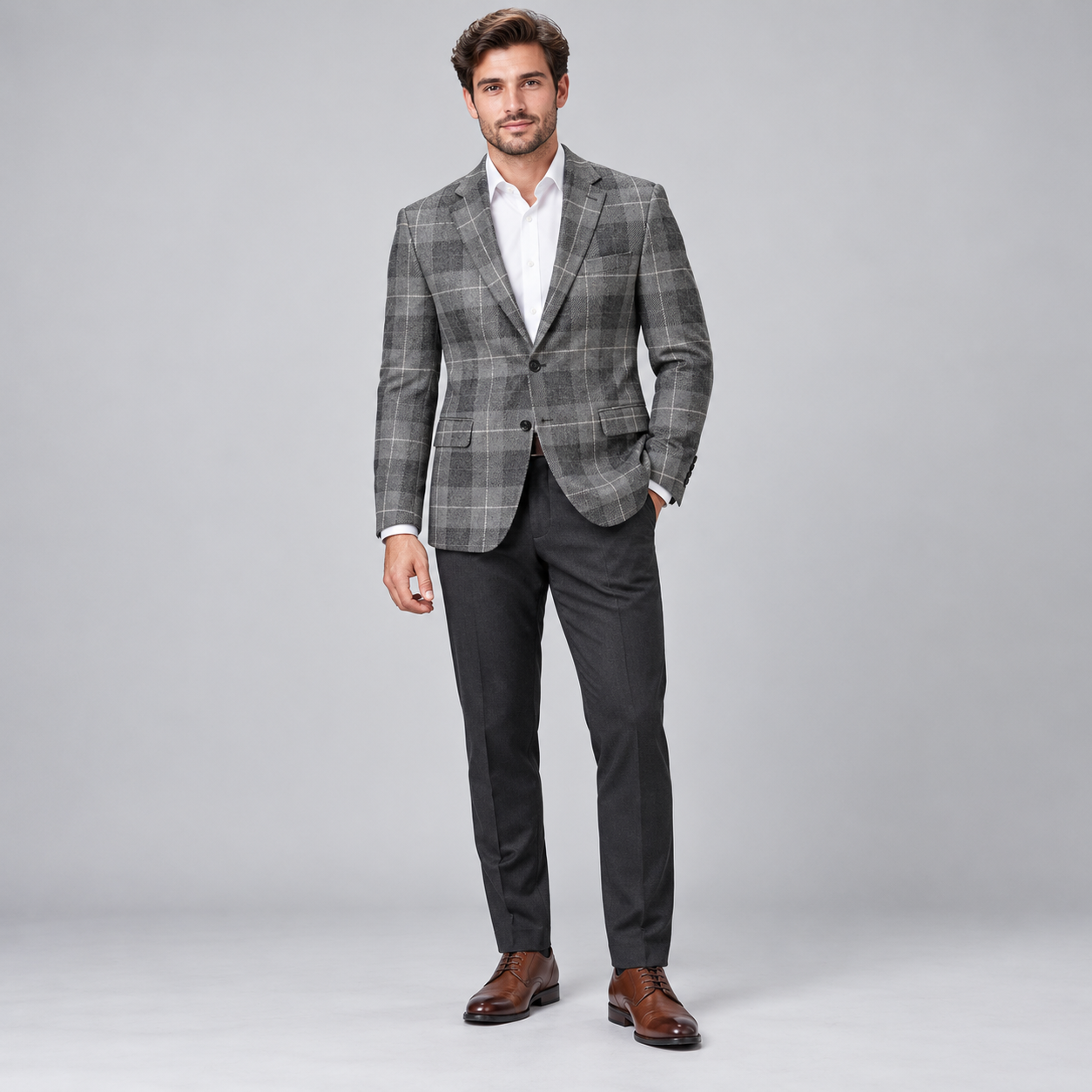 DunHope Men’s Grey Tartan Wool Blazer – Checked Woven Wool Jacket - Image 2